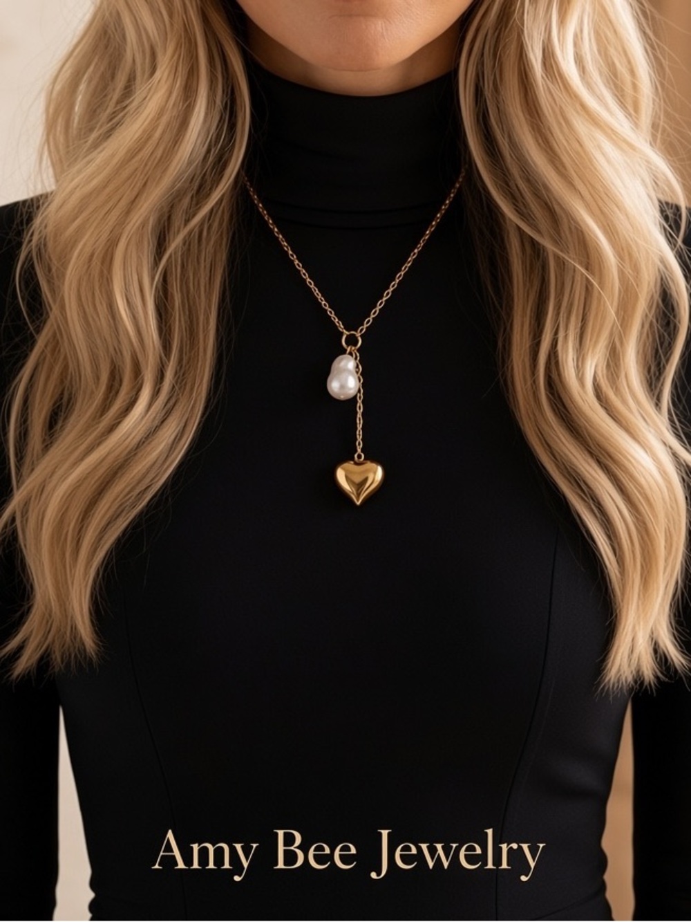 18k Gold Plated Romantic 3D Bubble Heart & Freshwater Pearl Y Necklace. New.